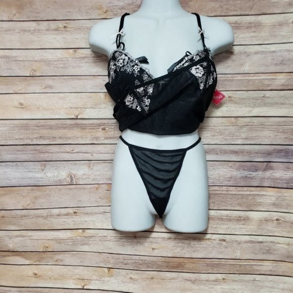 Black Lace Bustier Thong Lingerie Set with Cream Embroidery, M/L - Picture 6 of 8